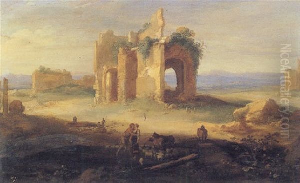 Italianate Landscape With Architectural Ruins And Rachel Kissing Laban Oil Painting by Bartholomeus Breenbergh