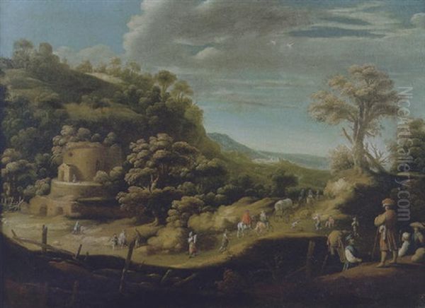 Paesaggio Boschivo Con Un Eremita Presso Un Cenotafo Antico, Una Carovana E Quattro Astanti In Primo Piano Oil Painting by Bartholomeus Breenbergh