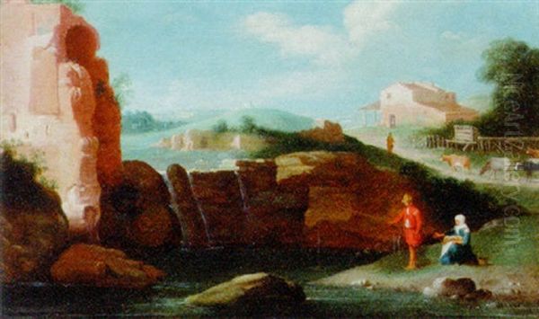 An Italianate River Landscape With A Peasant Fishing By Ruins Oil Painting by Bartholomeus Breenbergh