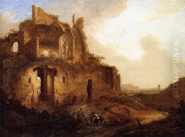 An Italianate Landscape With Classical Ruins And An Artist Sketching Oil Painting by Bartholomeus Breenbergh