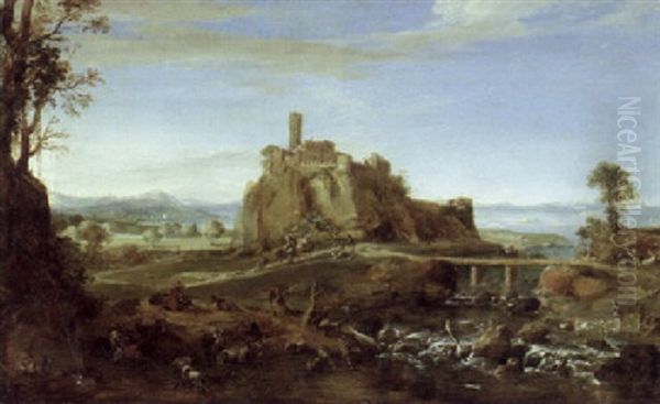 An Italianate Landscape With The Town Of Acquapendente Near Rome, And Shepherds And Washerwomen At The River Oil Painting by Bartholomeus Breenbergh