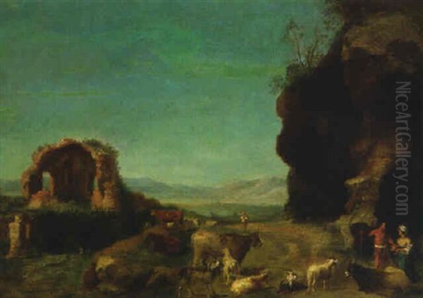 An Italianate Landscape With Shepherds Tending Cattle And Goats, A Ruin Beyond Oil Painting by Bartholomeus Breenbergh