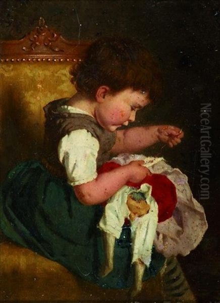 Die Puppenmutter. Kleines Madchen Stopft Konzentriert Das Puppenkleid Oil Painting by Gustav Bregenzer