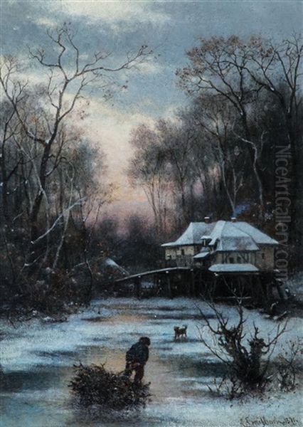 Abendliche Winterlandschaft Mit Zugefrorenem Flusslauf Oil Painting by Karl Breitbach