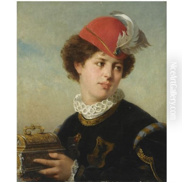 A Young Nobleman Holding A Small Chest Oil Painting by Karl Breitbach