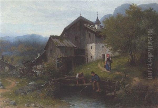 Zwei Kleine Angler Am Dorfbach Oil Painting by Karl Breitbach