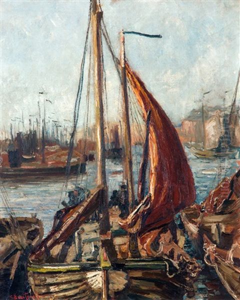 Vissersboten In De Scheveningse Haven Oil Painting by Carl August Breitenstein