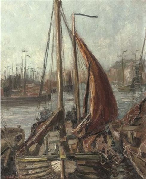 Boats In The Harbour Of Scheveningen Oil Painting by Carl August Breitenstein