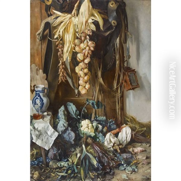 Stillleben Mit Gemuse, Laterne Und Zeitung Oil Painting by Ernst Breitenstein