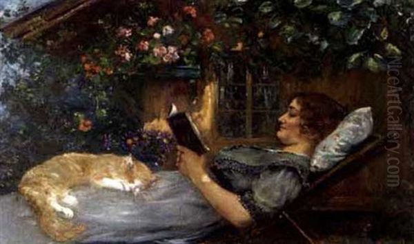 Lesende Mit Katzchen Im Garten Oil Painting by Ernst Breitenstein