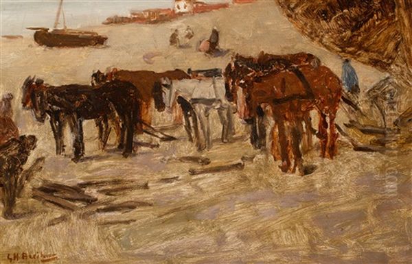 La Plage (des Chevaux A L'avant-plan) Oil Painting by George Hendrik Breitner