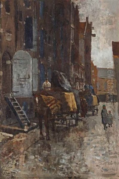 Tabakspakhuizen: A Horse Drawn Cart In Front Of The Tabacco Storehouses On The Prinseneiland, Amsterdam Oil Painting by George Hendrik Breitner