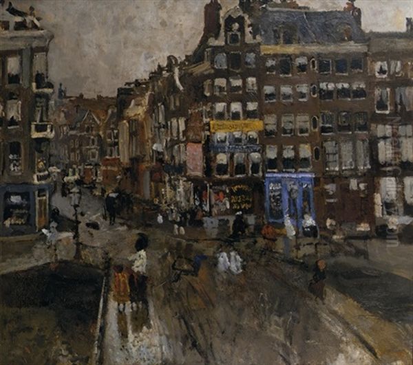 Paleisstraat, Amsterdam: View On The Singelbrug And The Paleisstraat, Amsterdam Oil Painting by George Hendrik Breitner