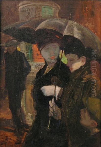 Strasenszene In Amsterdam Mit Zwei Frauen Mit Schirm Oil Painting by George Hendrik Breitner