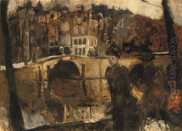 The Corner Of The Keizersgracht And Reguliersgracht, Amsterdam, With Ladies In The Foreground Oil Painting by George Hendrik Breitner