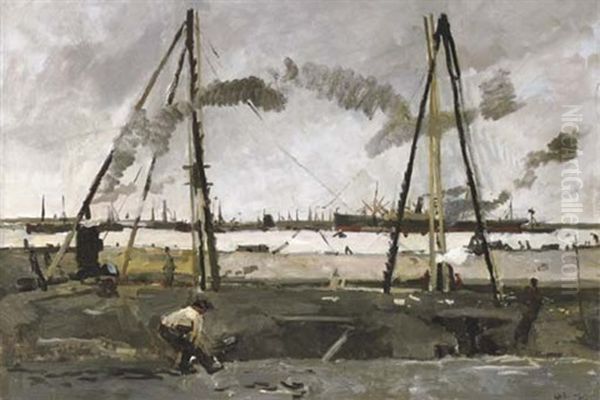 Heiwerk Aan De Van Diemenstraat: Construction Work In The Amsterdam Harbour Oil Painting by George Hendrik Breitner