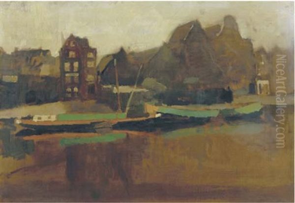 Prinseneiland, Amsterdam: Barges At The Teertuinen Oil Painting by George Hendrik Breitner