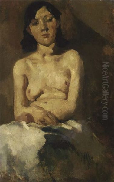 Zittend Naakt Met Lichtblauwe Doek Oil Painting by George Hendrik Breitner