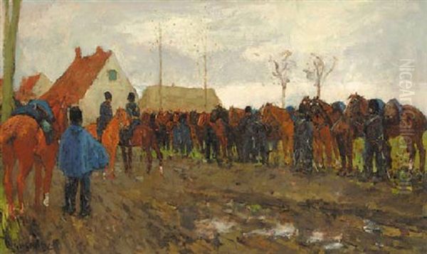 Halte Der Cavalerie: Husars Being Inspected By Their Officers Oil Painting by George Hendrik Breitner