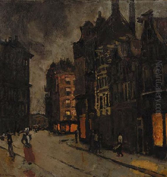 Paleisstraat Te Amsterdam: Figures On A Street At Dusk Oil Painting by George Hendrik Breitner