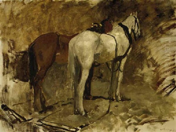 Paardstudie L: Working Horses At Rest Oil Painting by George Hendrik Breitner