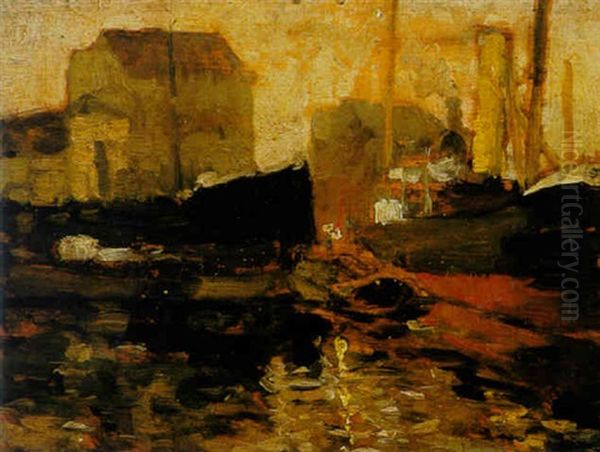 Boats In A Harbour Oil Painting by George Hendrik Breitner