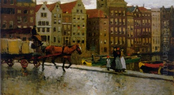 A Working Horse Pulling A Loaded Wagon On The Prins Hendrikkade, Amsterdam, With The Damrak Beyond Oil Painting by George Hendrik Breitner