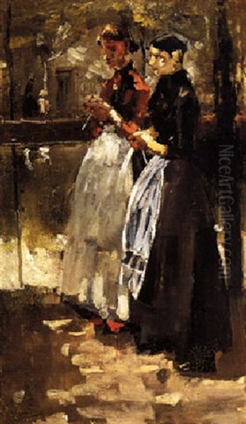 Two Women On A Quay, Amsterdam Oil Painting by George Hendrik Breitner