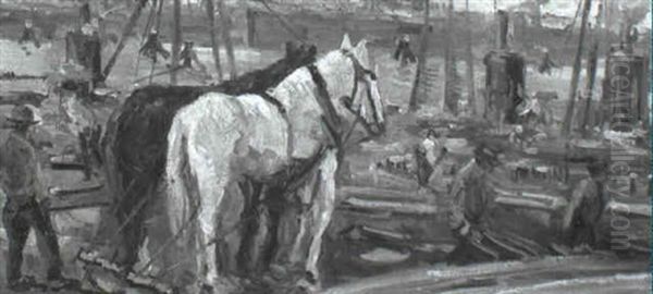 Dock Scene With Work Horses And Laborers Oil Painting by George Hendrik Breitner