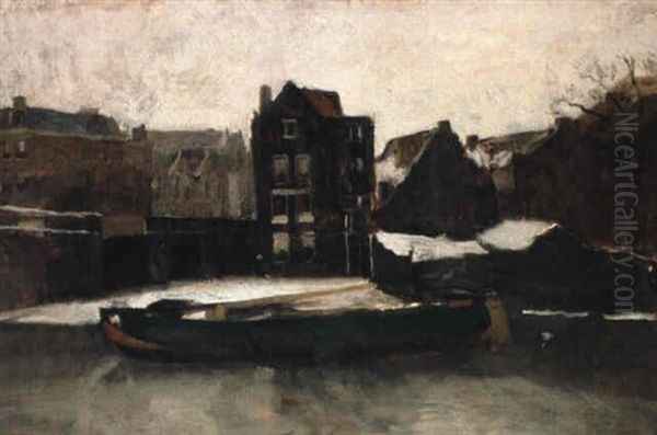 Moored Boats At The Teertuinen, Amsterdam, In Winter Oil Painting by George Hendrik Breitner