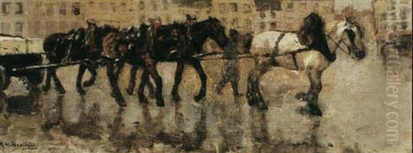 View In A Belgian Town With Workhorses Drawing A Cart Oil Painting by George Hendrik Breitner