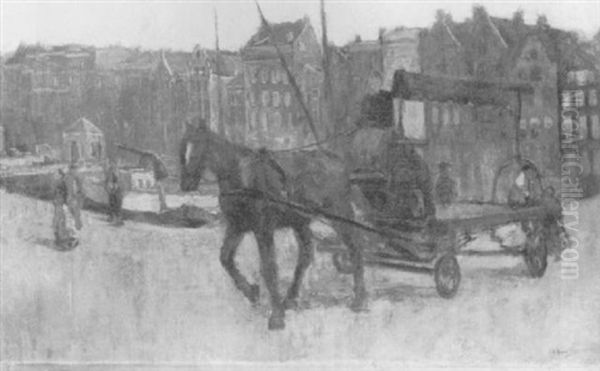 A Worker On A Horse-drawn Cart On The Damrak, Amsterdam,    Coming From The Brugsteeg Oil Painting by George Hendrik Breitner