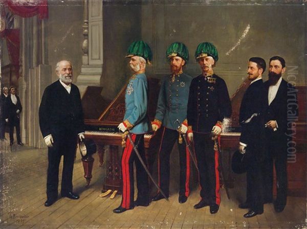 Besuch Kaiser Franz Joseph I. Und Kronprinz Rudolf Und Erzherzog Wilhelm In Der Klavierfabrik Bernhard Kohn Oil Painting by Theodor Breitwieser