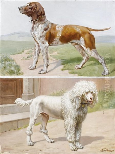 A German Pointer In A Landscape And A Standard Poodle By A Doorway Oil Painting by Theodor Breitwieser