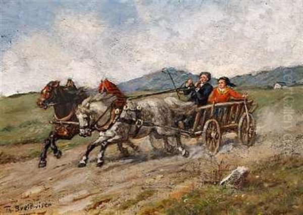 A Russian Scene With Persons In A Horse Carriage Oil Painting by Theodor Breitwieser