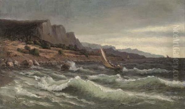 Sailing Boats In A Stormy Sea Offshore Oil Painting by Mikhail Alisov