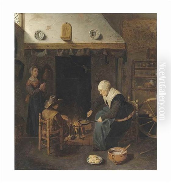 An Interior With Figures Making Pancakes By A Fire Oil Painting by Quiringh Gerritsz van Brekelenkam