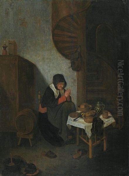 An Old Woman In An Interior Saying Grace Before A Meal Oil Painting by Quiringh Gerritsz van Brekelenkam