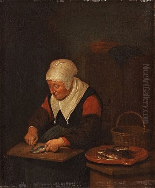 Kvinna Rensandes Fisk Oil Painting by Quiringh Gerritsz van Brekelenkam