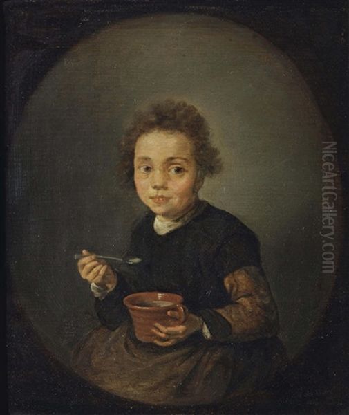 Portrait Of A Little Girl Eating Porridge, In A Feigned Oval Oil Painting by Quiringh Gerritsz van Brekelenkam