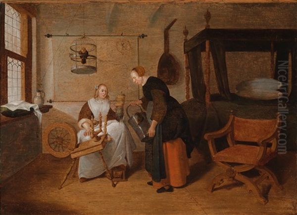 Interieur Mit Einer Jungen Frau Am Spinnrad Und Einer Magd Oil Painting by Quiringh Gerritsz van Brekelenkam