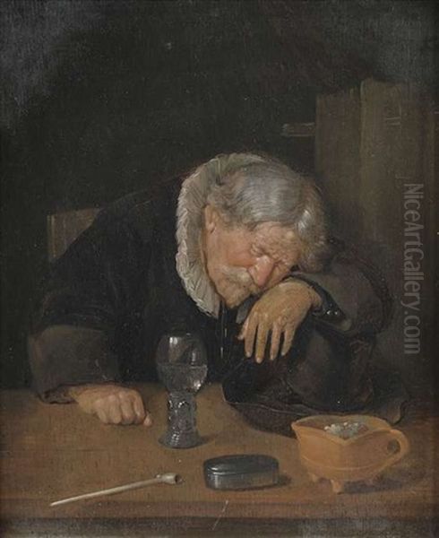 Eingeschlafener Trinker Am Tisch Mit Rauchrequisiten Oil Painting by Quiringh Gerritsz van Brekelenkam