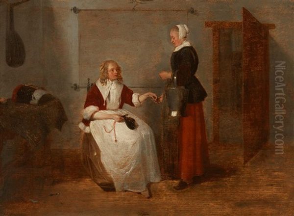 Junge Frau, Ihrer Magd Geld Gebend Oil Painting by Quiringh Gerritsz van Brekelenkam