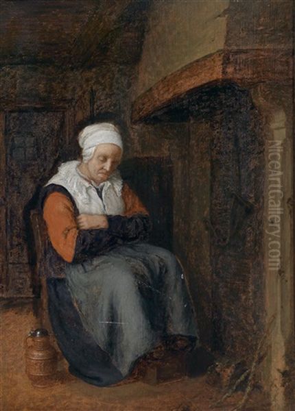 Interieur Mit Einer Am Feuer Sitzenden Frau Oil Painting by Quiringh Gerritsz van Brekelenkam