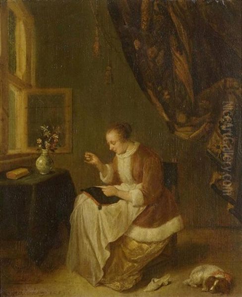 Junge Dame Mit Hund Beim Sticken Am Fenster Oil Painting by Quiringh Gerritsz van Brekelenkam