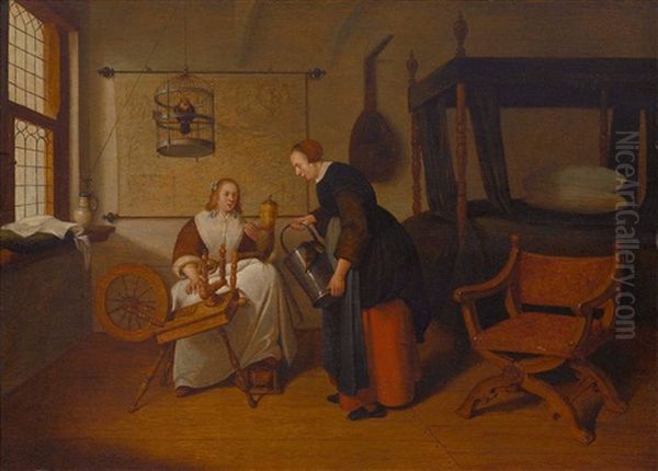 Junge Frau Am Spinnrad Und Magd Mit Geflugel Oil Painting by Quiringh Gerritsz van Brekelenkam