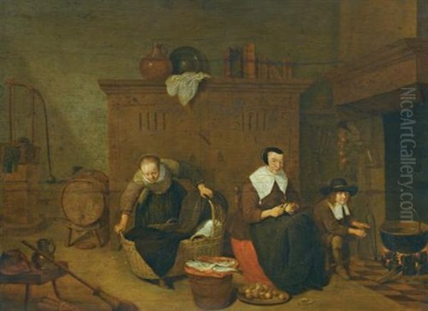 An Interior With A Woman Peeling Turnips Oil Painting by Quiringh Gerritsz van Brekelenkam