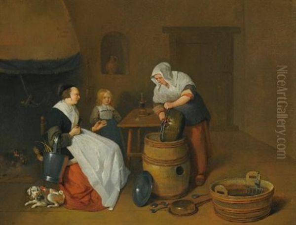 A Woman Talking With Her Maid In A Kitchen Interior With A Child, A Dog And A Fire Oil Painting by Quiringh Gerritsz van Brekelenkam