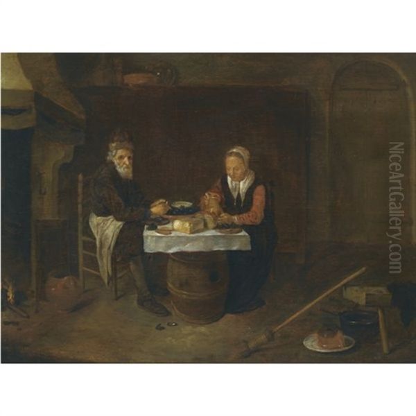 A Modest Interior With An Elderly Couple Seated At A Table, Eating Mussels And Bread by Quiringh Gerritsz van Brekelenkam