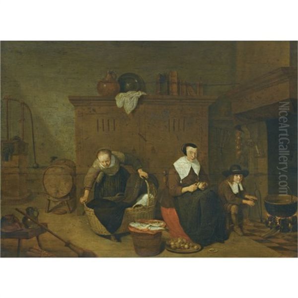 An Interior With A Woman Peeling Turnips Oil Painting by Quiringh Gerritsz van Brekelenkam